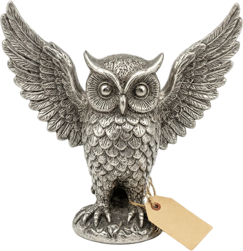 Pewter owl holding a paper tag