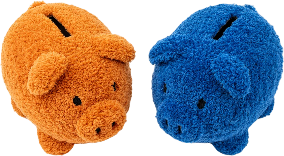 Two tufted wool piggy banks, orange and blue
